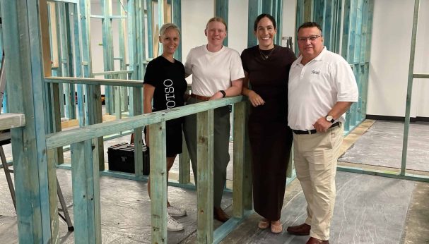 WOTSO - Kogarah site shot. From left, WOTSO space leader Arianna Pozzobon, regional manager Matilda Eder, CEO Jessie Glew, and Kogarah Clubhouse GM Grant Amer on site. Picture by Jim Gainsfor